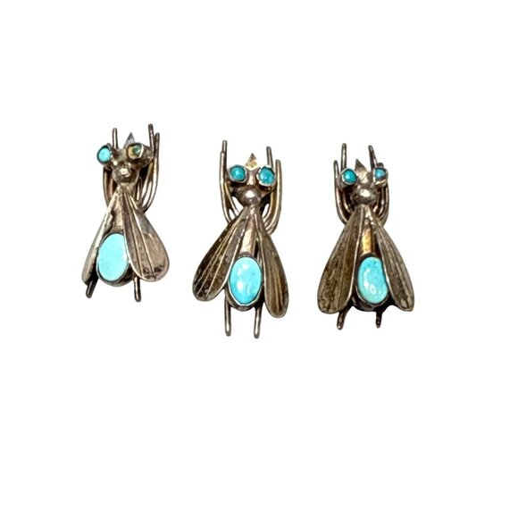 Native American Jewelry - Rare Vintage Sterling Silver Fly Brooch Set Turquoise Eyes & Body Handmade Insec